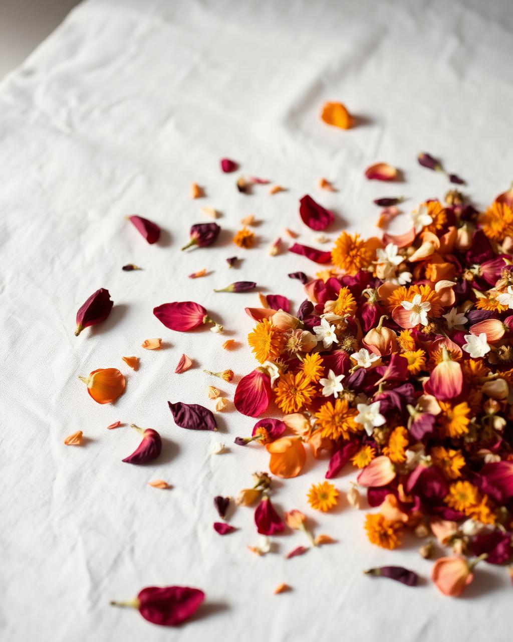 Dried hibiscus, rose, marigold and chamomile on linen