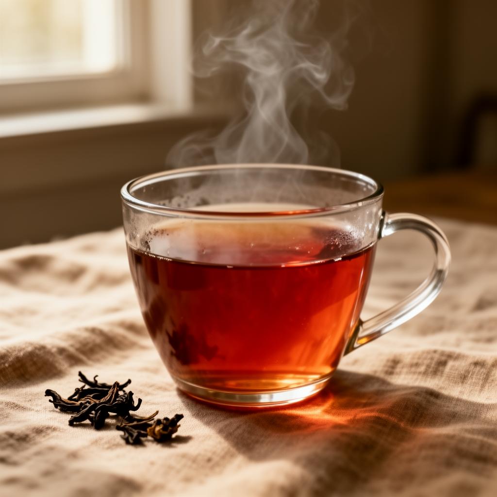 A freshly brewed cup of reddish amber tea with steam rising