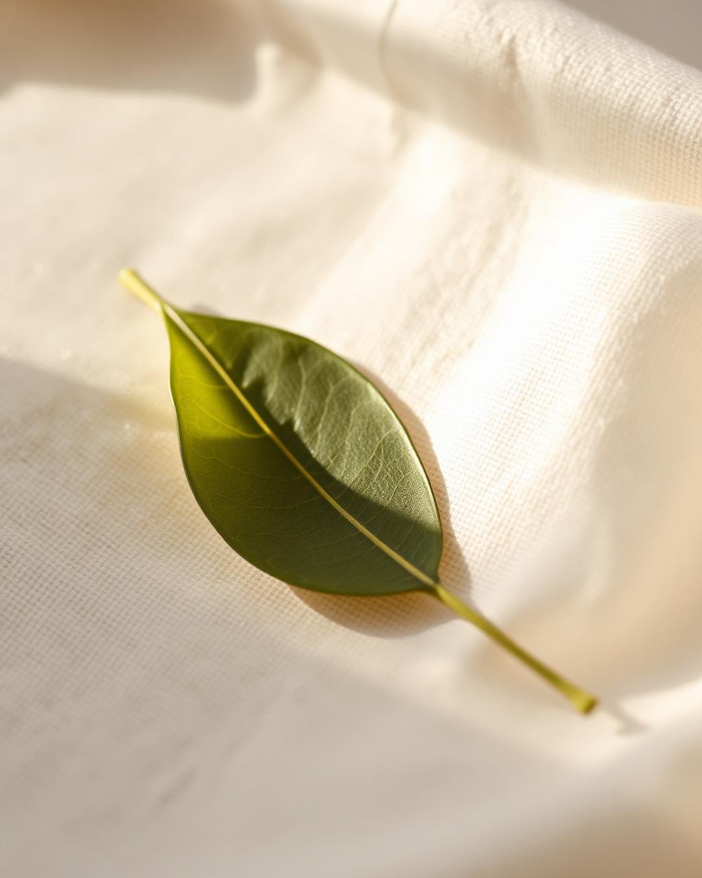 A single tea leaf on linen in morning light